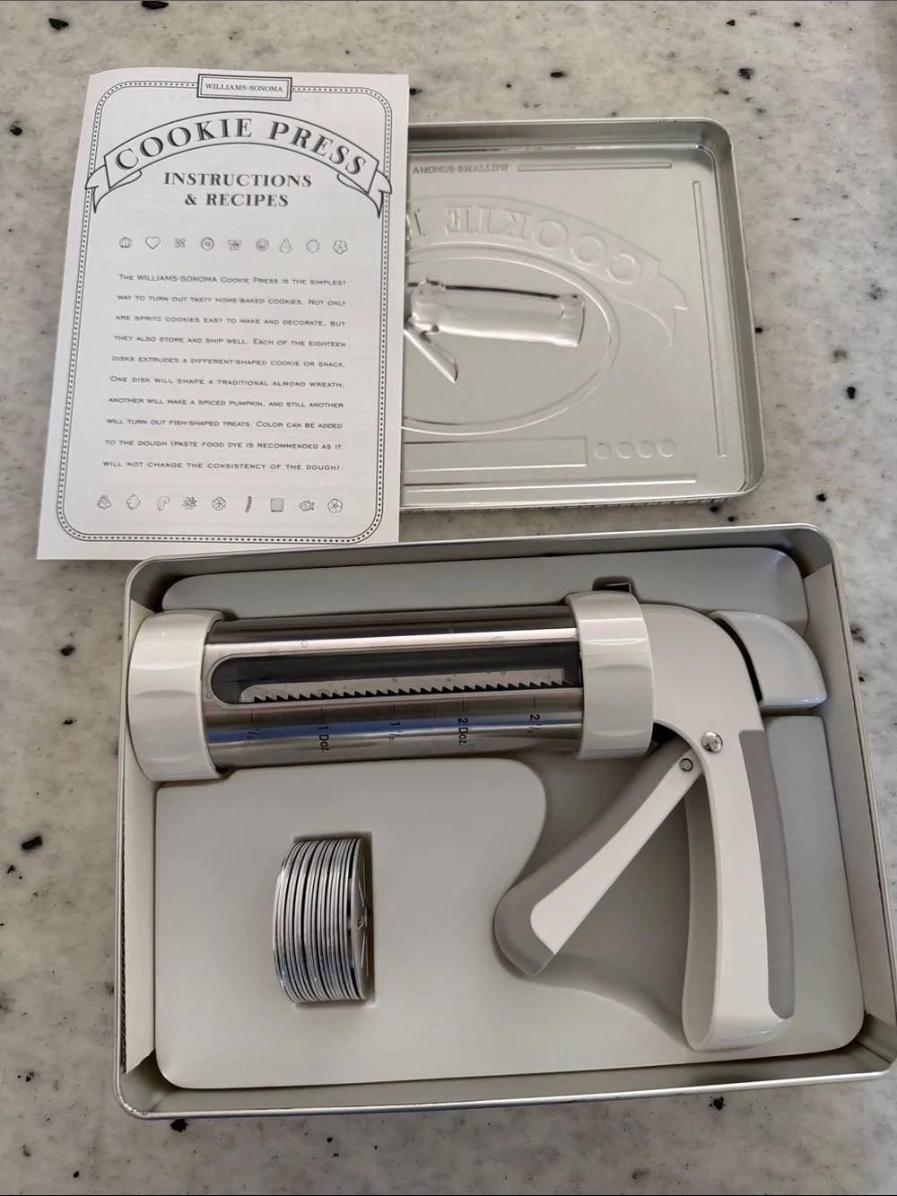 Williams Sonoma Silver Cookie Press Tin with 18 Disks
